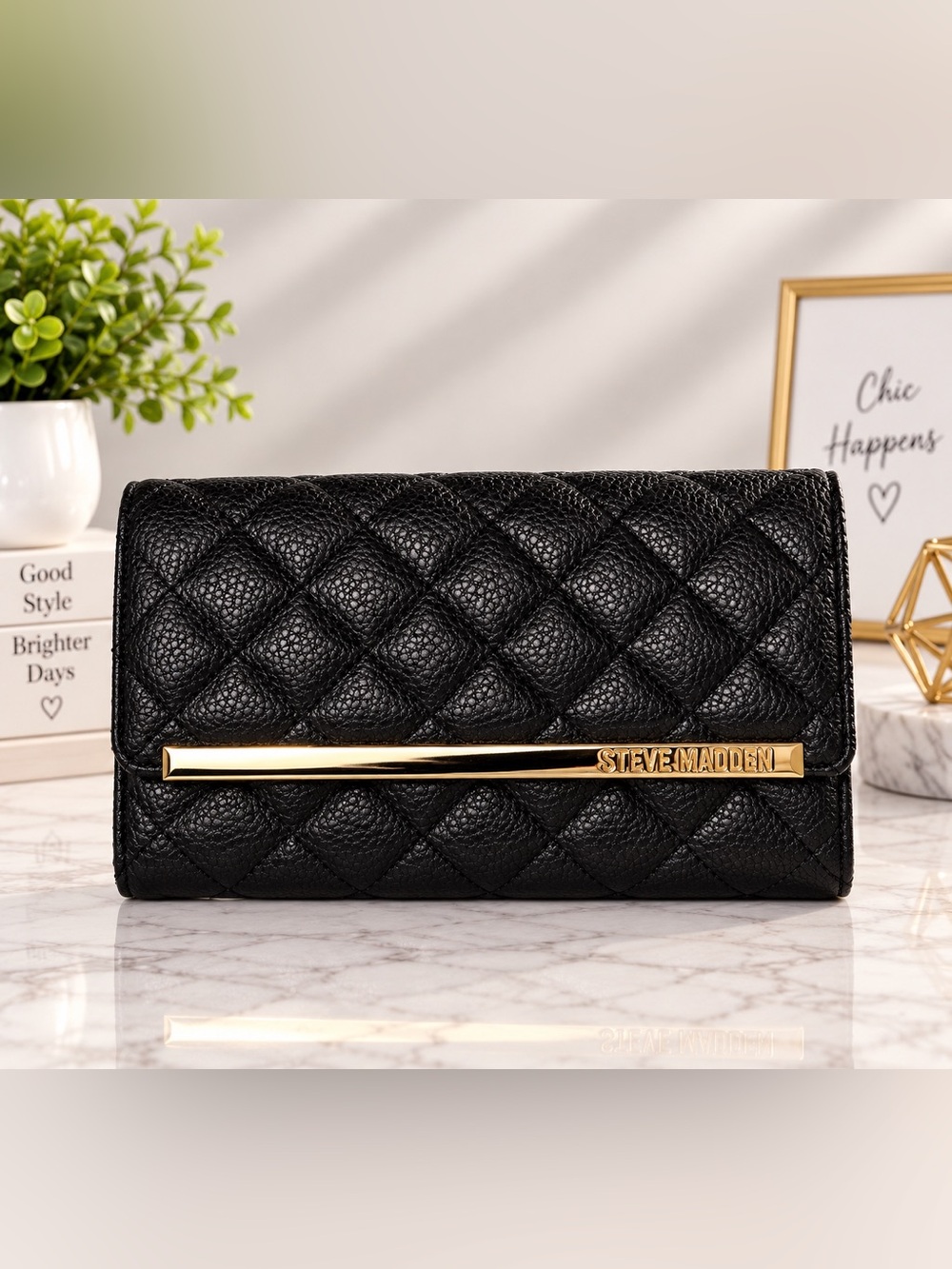 Steve Madden Black Quilted Leather Clutch with Gold Bar